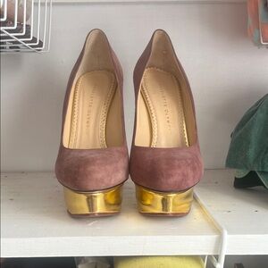 Charlotte Olympia Suede Heels with Gold Platform